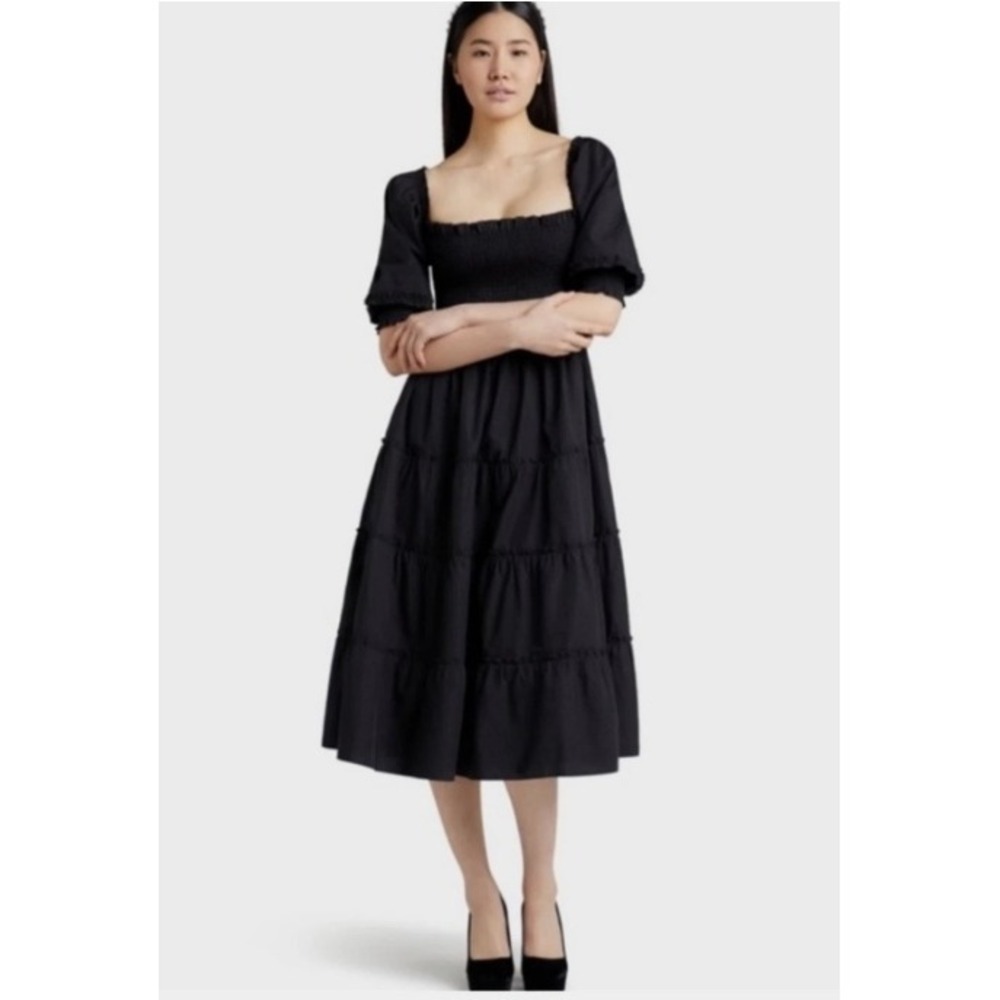 Hill House Nesli Nap Dress Black Swiss Dot Smocked Bodice Midi Size Large